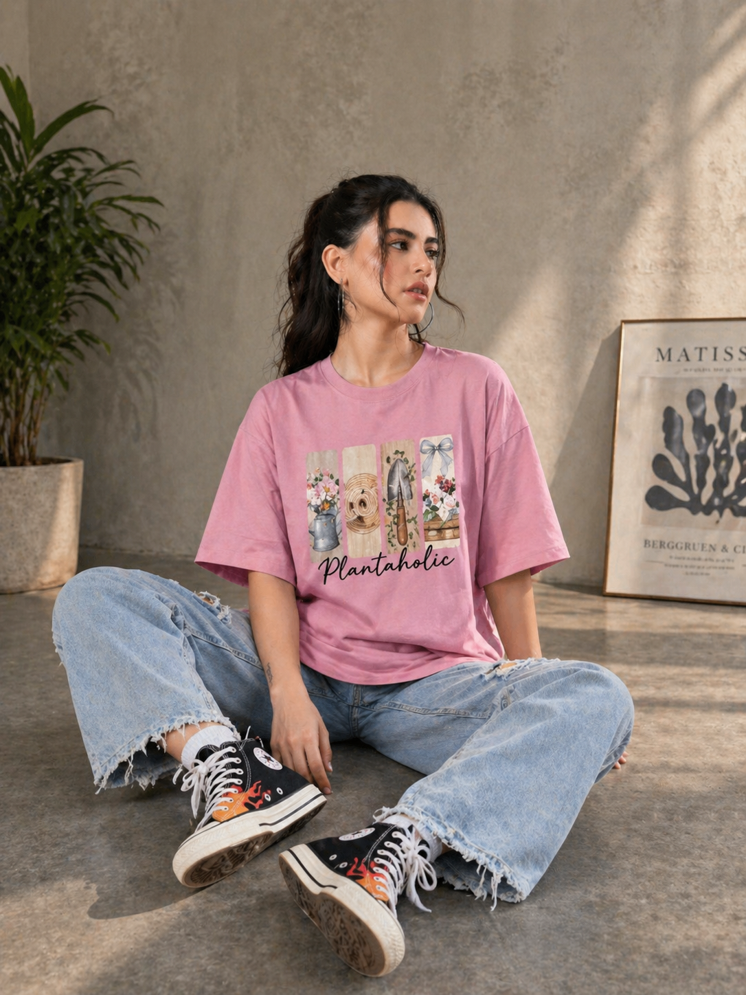 Plantaholic Floral Graphic Oversized Cotton T-Shirt