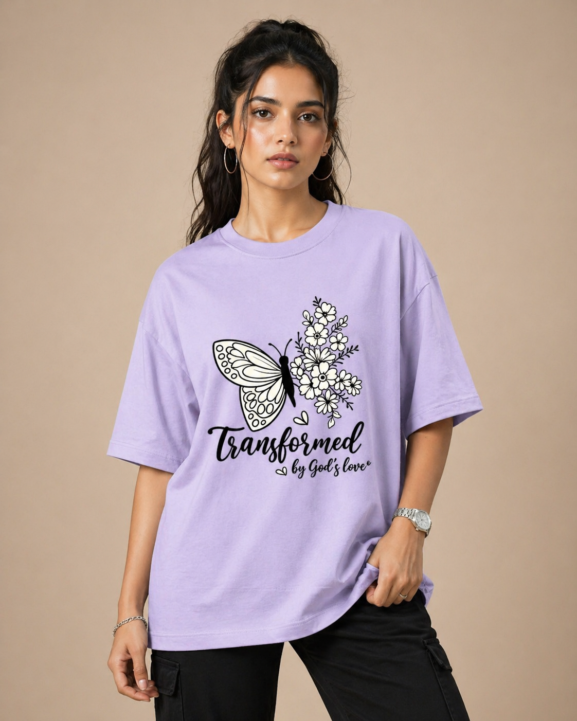Butterfly Floral Quote Oversized Cotton T-Shirt