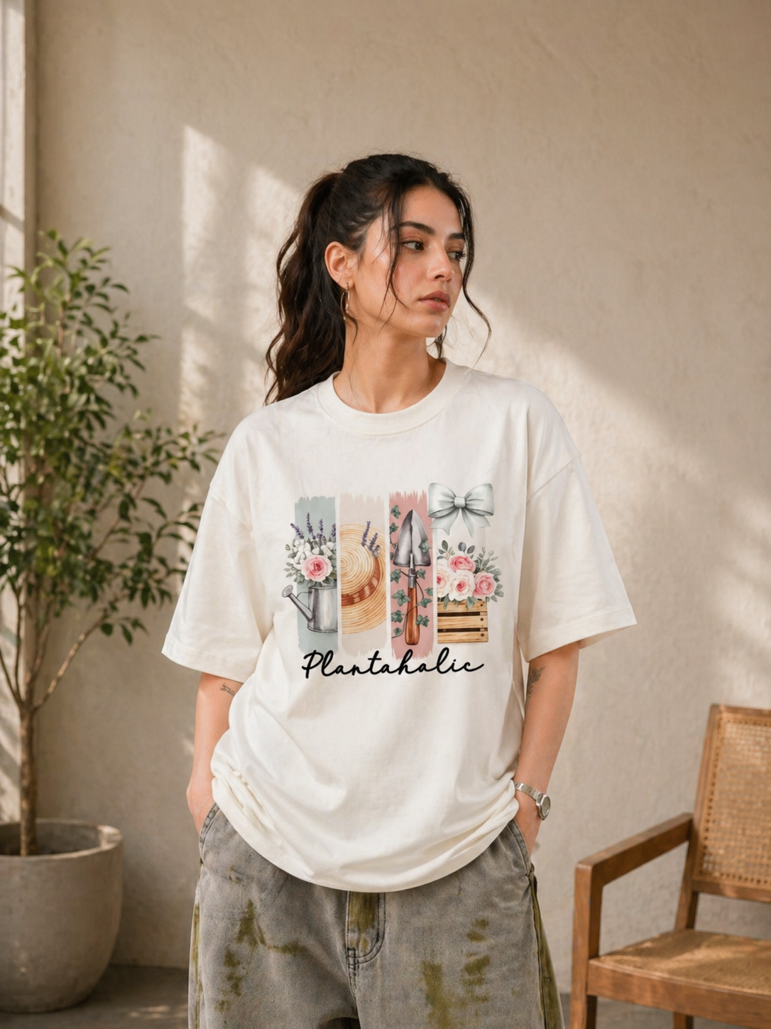 Plantaholic Floral Graphic Oversized Cotton T-Shirt